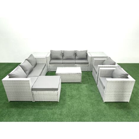 Fimous Outdoor Rattan Sofa Garden Furniture Set with 2 Armchairs Oblong Coffee Table Big Footstool 2 Side Tables Light Grey Mixed