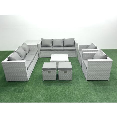 Fimous Outdoor Rattan Sofa Garden Furniture Set with 2 Armchairs Square Coffee Table 2 Small Footstools Side Table Light Grey Mixed