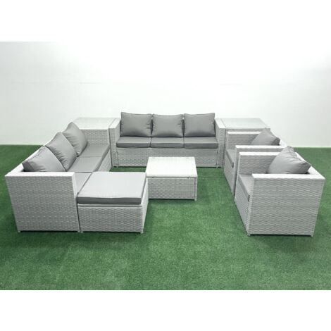 Fimous Outdoor Rattan Sofa Garden Furniture Set with 2 Armchairs Square Coffee Table Big Footstool 2 Side Tables Light Grey Mixed