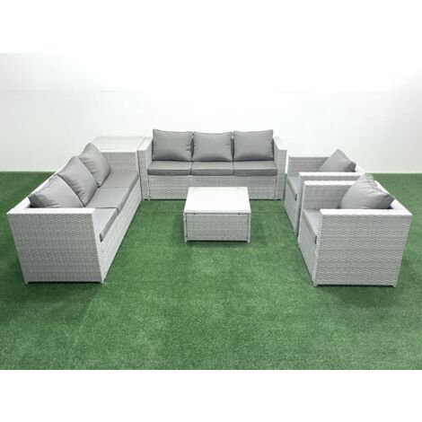 Fimous Outdoor Rattan Sofa Garden Furniture Set with 2 Armchairs Square Coffee Table Side Table Light Grey Mixed