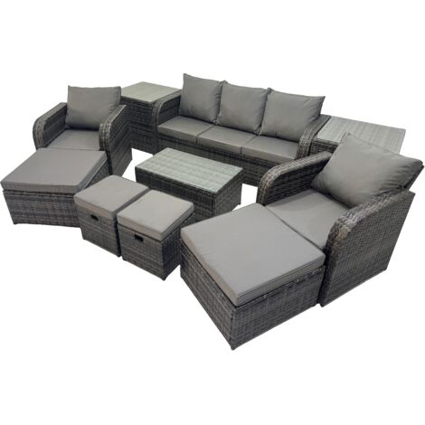 Fimous Outdoor Reclining Chair 3 Seater Sofa Coffee Table Set Garden Rattan Furniture Set 9 Seater with 4 Stools 2 Side Tables Dark Grey
