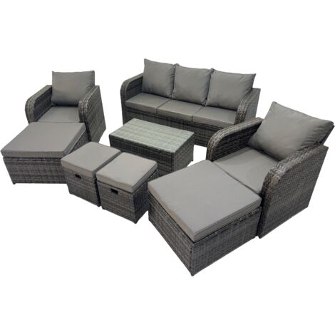 Fimous Outdoor Reclining Chair 3 Seater Sofa Coffee Table Set Garden Rattan Furniture Set 9 Seater with 4 Stools Dark Grey