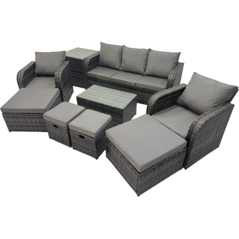 Fimous Outdoor Reclining Chair 3 Seater Sofa Coffee Table Set Garden Rattan Furniture Set 9 Seater with 4 Stools Side Table Dark Grey