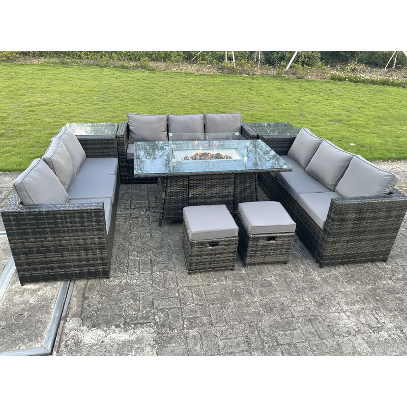 Outdoor Rotin Garden Corner Furniture Gas Firepit Table Chauffage à Gaz Set Table D'appoint Petit Gris Foncé 11 Places - Fimous