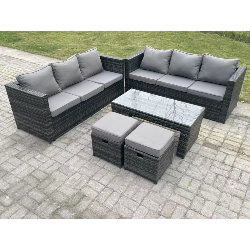 Fimous - Outdoor rotin Garden Furniture Lounge sofa set avec table basse rectangulaire 2 tabourets