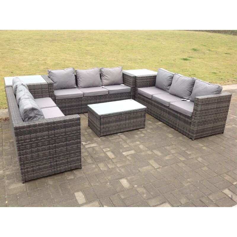 Outdoor Rotin Garden Furniture Lounge Sofa Set Avec Table Basse Rectangulaire Et Table Haute Sur Les Deux Côtés - Fimous