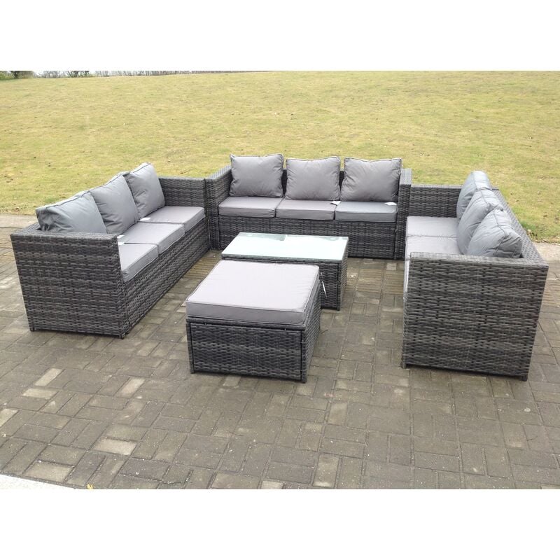 Outdoor Rotin Garden Furniture Lounge Sofa Set, Table Basse Allongée Avec Grand Tabouret de pied - Fimous