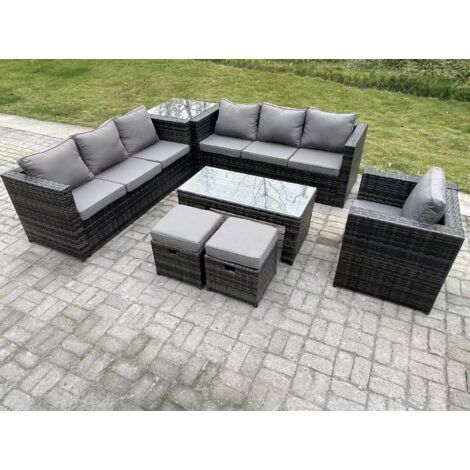 Fimous Outdoor rotin meubles de Jardin Salon canapé set avec table basse rectangulaire fauteuil table basse latérale 2 tabourets