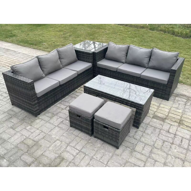 Outdoor rotin meubles de Jardin Salon canapé set avec table basse rectangulaire table basse 2 tabourets - Fimous