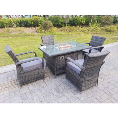 Fimous Outdoor rotin mobilier de jardin gaz Firepit Rectangle Table à manger et chaises à manger 4 places