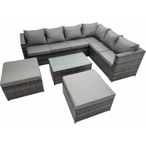 Fimous Outdoor Sofa Oblong Coffee Table Set Rattan Garden Furniture Set with 2 Big Stools Dark Grey Mixed
