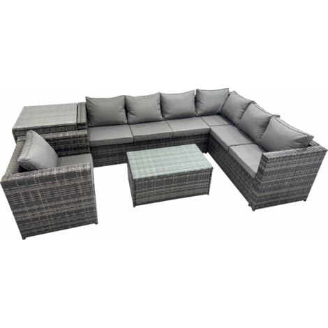 Fimous Outdoor Sofa Oblong Coffee Table Set Rattan Garden Furniture Set with Chair Side Table Dark Grey Mixed