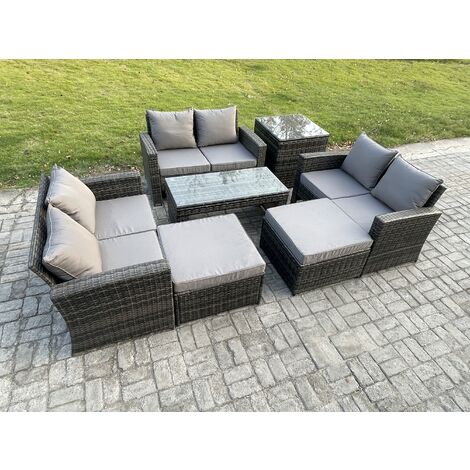Fimous Outdoor U Shape Sofa Set Wicker PE Rattan Garden Furniture Set with Coffee Table Double Seat Sofa 2 Big Footstool Side Table Dark Grey Mixed