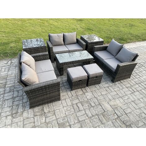 Fimous Outdoor U Shape Sofa Set Wicker PE Rattan Garden Furniture Set with Coffee Table Double Seat Sofa 2 Small Footstools 2 Side Tables Dark Grey Mixed