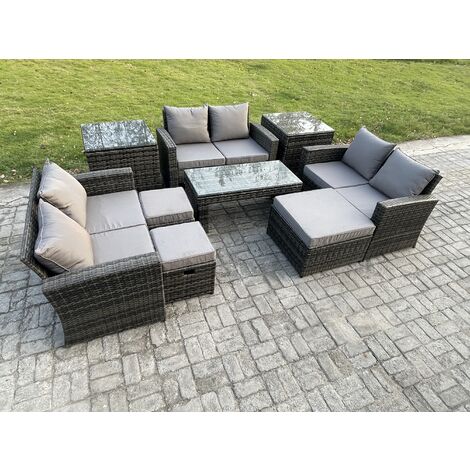 Fimous Outdoor U Shape Sofa Set Wicker PE Rattan Garden Furniture Set with Coffee Table Double Seat Sofa 3 Footstools 2 Side Tables Dark Grey Mixed