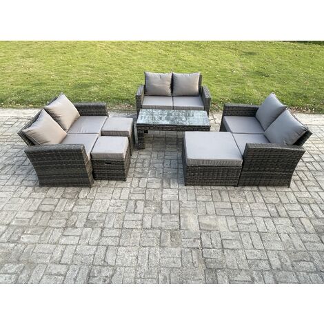 Fimous Outdoor U Shape Sofa Set Wicker PE Rattan Garden Furniture Set with Coffee Table Double Seat Sofa 3 Footstools Dark Grey Mixed