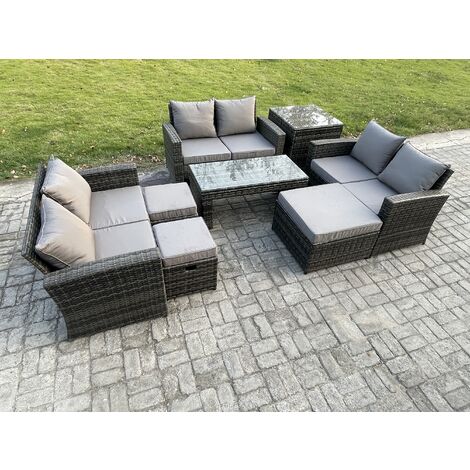 Fimous Outdoor U Shape Sofa Set Wicker PE Rattan Garden Furniture Set with Coffee Table Double Seat Sofa 3 Footstools Side Table Dark Grey Mixed