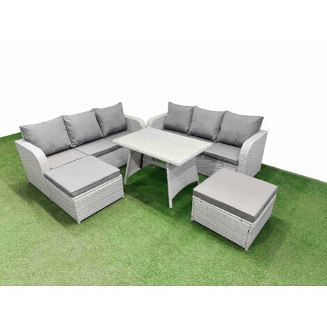 Fimous Patio Dining Table & Chairs Set Rattan High Back Lounge Sofa Set with 3 Seater Sofa 2 Big Stool Light Grey