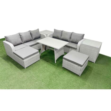 Fimous Patio Dining Table & Chairs Set Rattan High Back Lounge Sofa Set with 3 Seater Sofa 2 Side Tables 2 Big Stool Light Grey