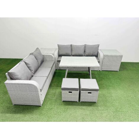 Fimous Patio Dining Table & Chairs Set Rattan High Back Lounge Sofa Set with 3 Seater Sofa 2 Side Tables 2 Small Stool Light Grey