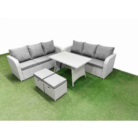 Fimous Patio Dining Table & Chairs Set Rattan High Back Lounge Sofa Set with 3 Seater Sofa 2 Small Stool Light Grey