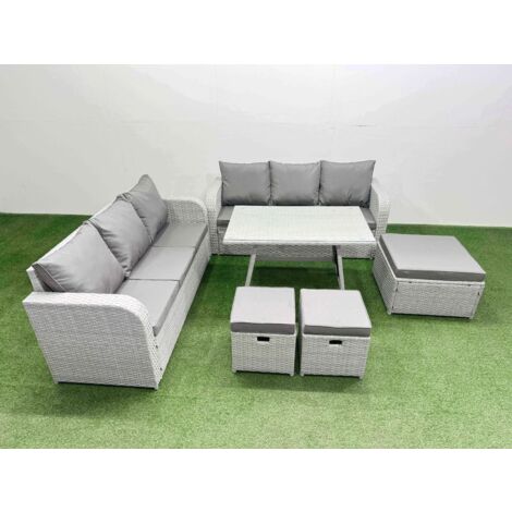 Fimous Patio Dining Table & Chairs Set Rattan High Back Lounge Sofa Set with 3 Seater Sofa 3 Stool Light Grey