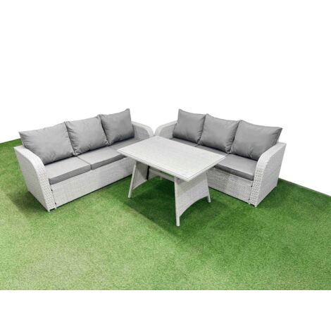 Fimous Patio Dining Table & Chairs Set Rattan High Back Lounge Sofa Set with 3 Seater Sofa Light Grey