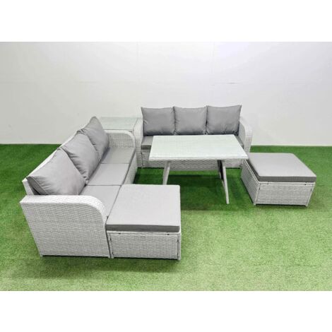 Fimous Patio Dining Table & Chairs Set Rattan High Back Lounge Sofa Set with 3 Seater Sofa Side Table 2 Big Stool Light Grey