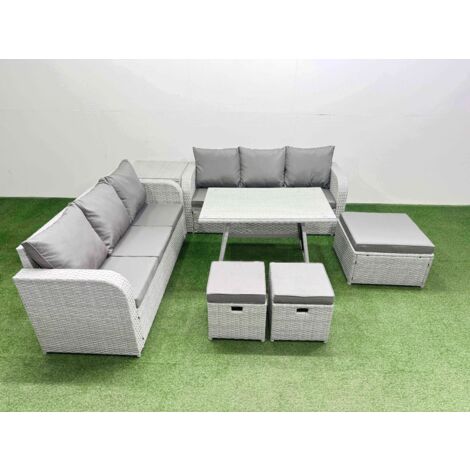 Fimous Patio Dining Table & Chairs Set Rattan High Back Lounge Sofa Set with 3 Seater Sofa Side Table 3 Stool Light Grey