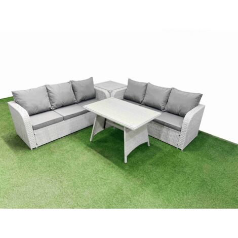 Fimous Patio Dining Table & Chairs Set Rattan High Back Lounge Sofa Set with 3 Seater Sofa Side Table Light Grey