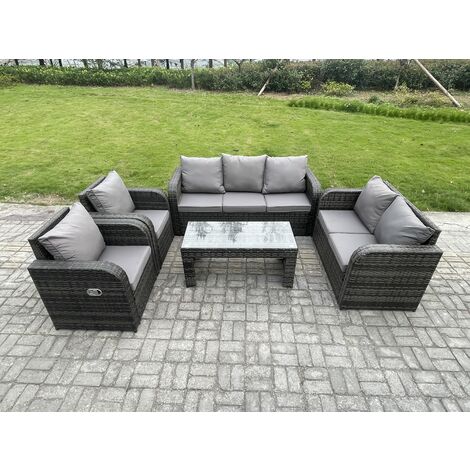 Fimous Patio Garden Furniture Sets Wicker 7 Seater Outdoor Rattan Furniture Sofa Sets with Rectangular Coffee Table Reclining Chair Love seat Sofa