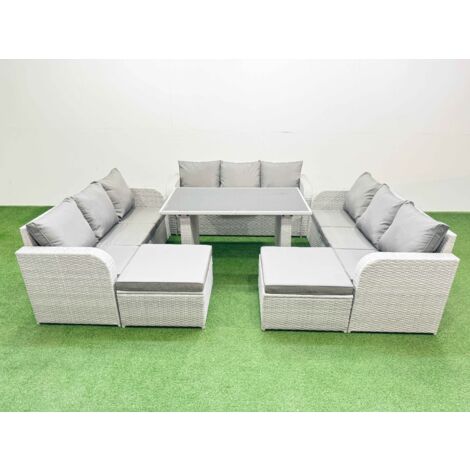 Fimous Patio Garden Furniture Sets with Black Glass Top Dining Table 3 Seater Sofa 2 Big Stool Light Grey