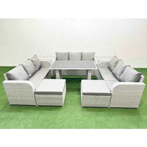 Fimous Patio Garden Furniture Sets with Black Glass Top Dining Table 3 Seater Sofa 2 Side Tables 2 Big Stool Light Grey