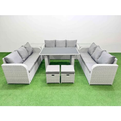 Fimous Patio Garden Furniture Sets with Black Glass Top Dining Table 3 Seater Sofa 2 Side Tables 2 Small Stool Light Grey