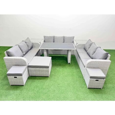 Fimous Patio Garden Furniture Sets with Black Glass Top Dining Table 3 Seater Sofa 2 Side Tables 3 Stool Light Grey
