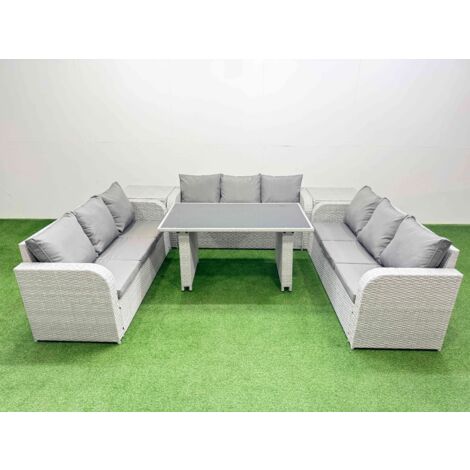 Fimous Patio Garden Furniture Sets with Black Glass Top Dining Table 3 Seater Sofa 2 Side Tables Light Grey