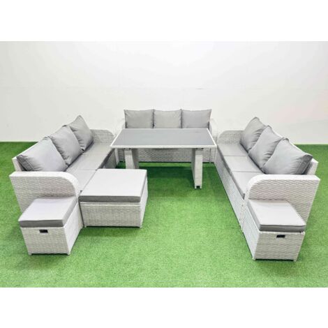Fimous Patio Garden Furniture Sets with Black Glass Top Dining Table 3 Seater Sofa 3 Stool Light Grey