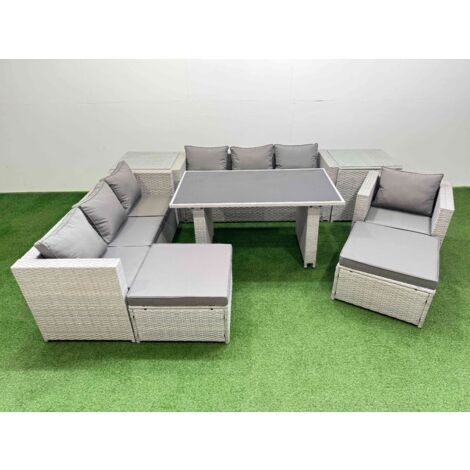 Fimous Patio Garden Furniture Sets with Black Glass Top Dining Table 3 Seater Sofa Armchair 2 Side Tables 2 Big Stool Light Grey