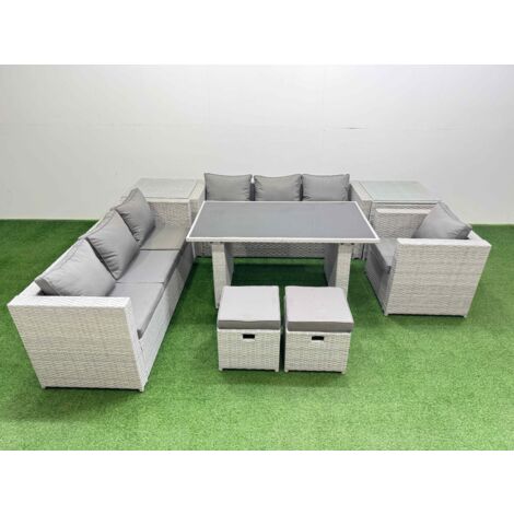 Fimous Patio Garden Furniture Sets with Black Glass Top Dining Table 3 Seater Sofa Armchair 2 Side Tables 2 Small Stool Light Grey