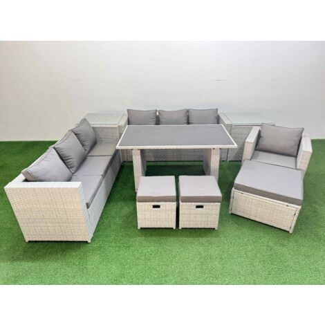 Fimous Patio Garden Furniture Sets with Black Glass Top Dining Table 3 Seater Sofa Armchair 2 Side Tables 3 Stool Light Grey