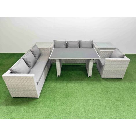 Fimous Patio Garden Furniture Sets with Black Glass Top Dining Table 3 Seater Sofa Armchair 2 Side Tables Light Grey