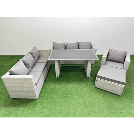Fimous Patio Garden Furniture Sets with Black Glass Top Dining Table 3 Seater Sofa Armchair Big Stool Light Grey