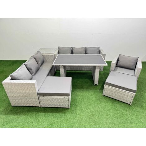 Fimous Patio Garden Furniture Sets with Black Glass Top Dining Table 3 Seater Sofa Armchair Side Table 2 Big Stool Light Grey