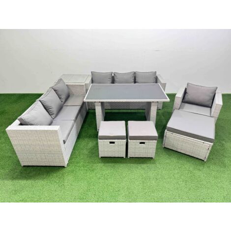 Fimous Patio Garden Furniture Sets with Black Glass Top Dining Table 3 Seater Sofa Armchair Side Table 3 Stool Light Grey