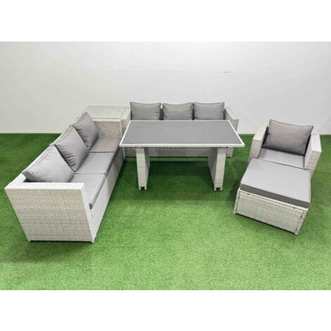 Fimous Patio Garden Furniture Sets with Black Glass Top Dining Table 3 Seater Sofa Armchair Side Table Big Stool Light Grey