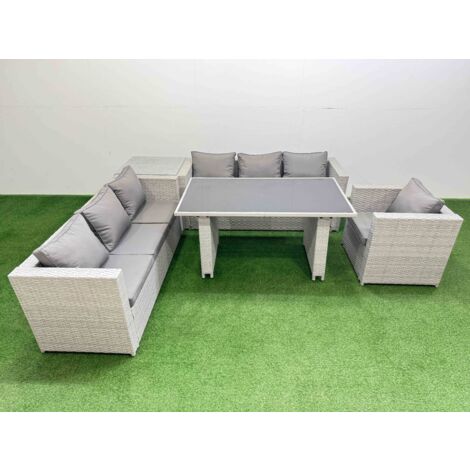 Fimous Patio Garden Furniture Sets with Black Glass Top Dining Table 3 Seater Sofa Armchair Side Table Light Grey