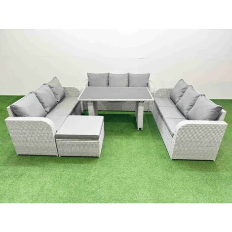 Fimous Patio Garden Furniture Sets with Black Glass Top Dining Table 3 Seater Sofa Big Stool Light Grey