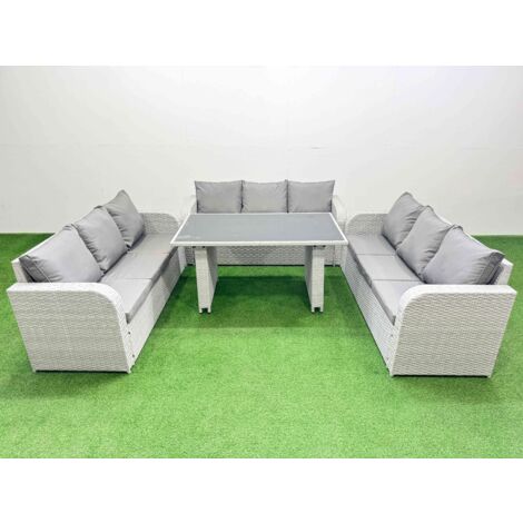 Fimous Patio Garden Furniture Sets with Black Glass Top Dining Table 3 Seater Sofa Light Grey