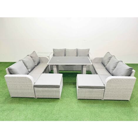 Fimous Patio Garden Furniture Sets with Black Glass Top Dining Table 3 Seater Sofa Side Table 2 Big Stool Light Grey