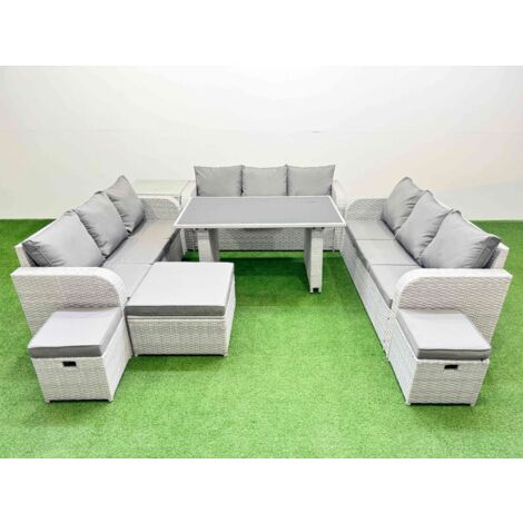 Fimous Patio Garden Furniture Sets with Black Glass Top Dining Table 3 Seater Sofa Side Table 3 Stool Light Grey